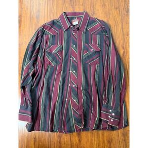 Wrangler Western Shirt Mens 3XL Big Burgundy Purple Striped Faded Pearl Snap Men